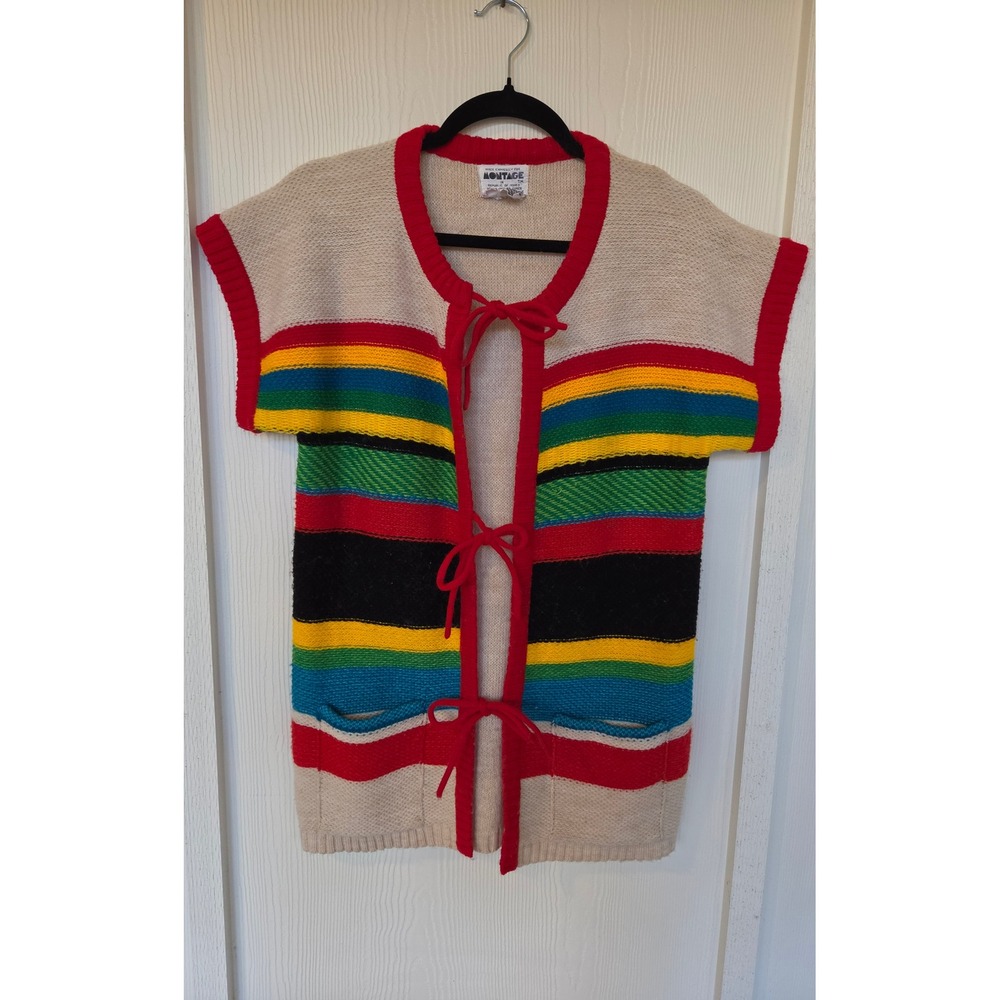 Vintage 80s Montage Rainbow Striped Knit Cardigan Vest Sz L Granola Hippie Artsy